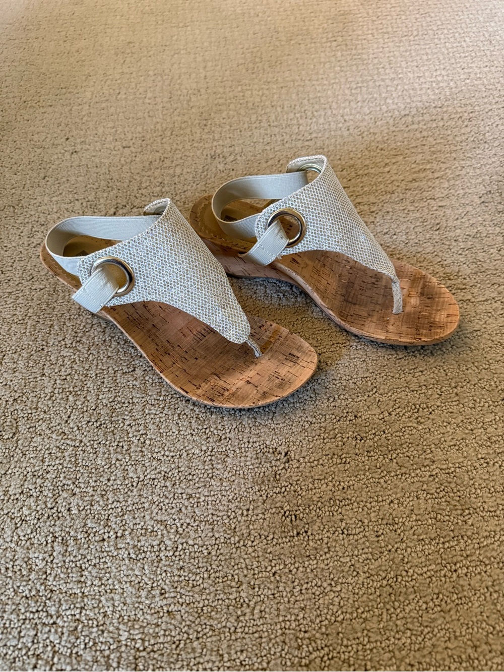 White Mountain Cream Cork Wedge Thong Sandals with Gold Ring Accent